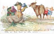 Illustrateur CPA MAUZAN " La grenouille qui veut se faire aussi grosse que le boeuf"