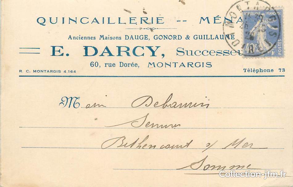 / CPA FRANCE 45 "Montargis, E. Darcy" / QUINCAILLERIE / CARTE PUBLICITAIRE | 45 loiret ...